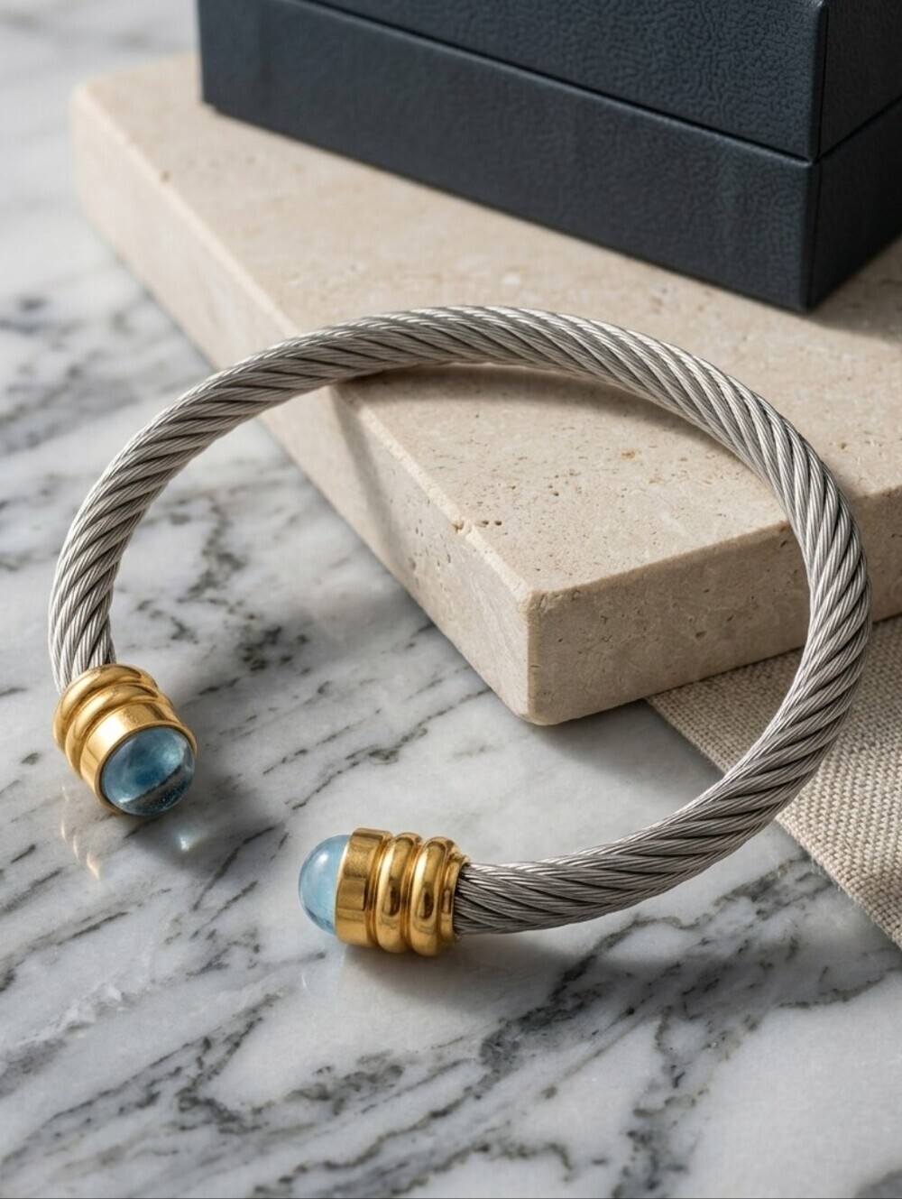 18k Gold Plated 316L SS Twisted Rope Cuff Bangle Light Blue Crystal 2.5"